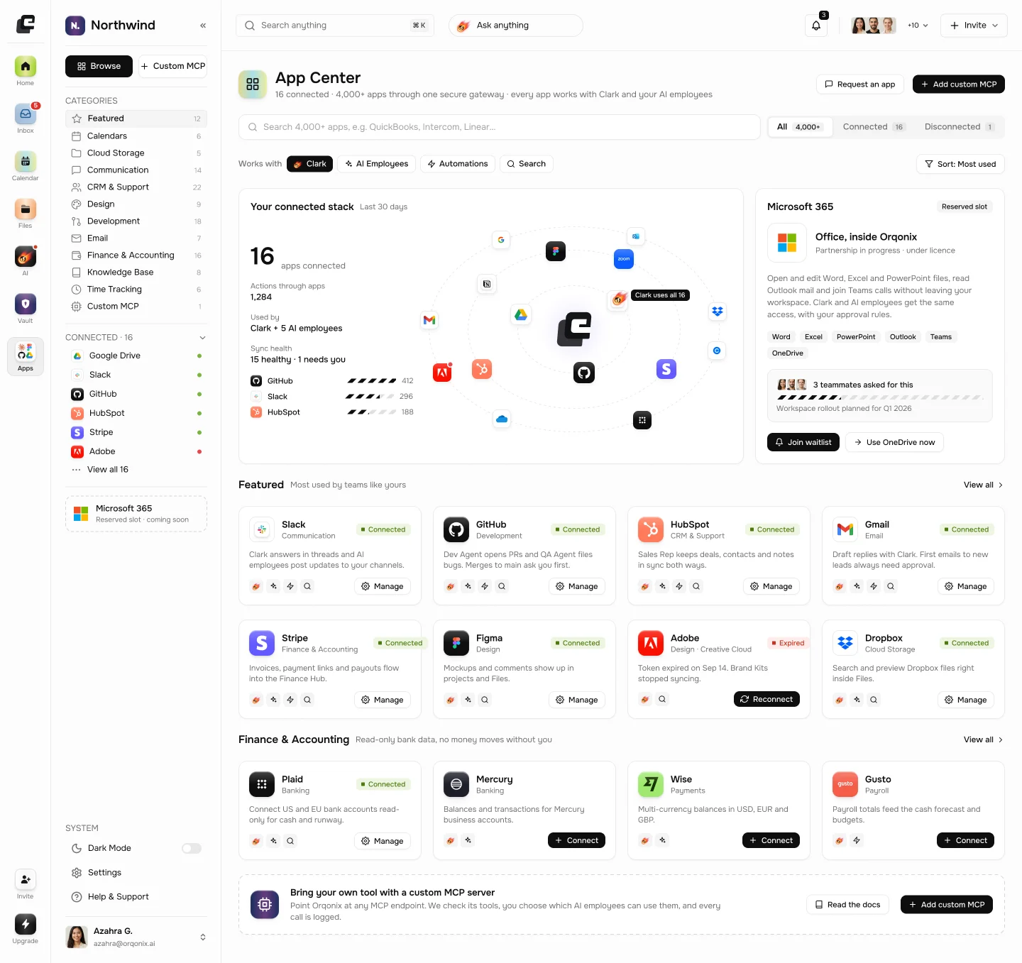 Actual Orqonix App Center design, with app search, connected stack, app categories and connection controls